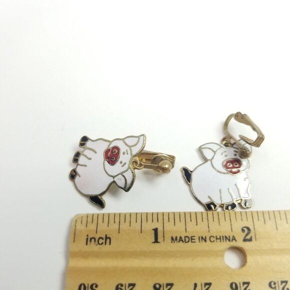 Vintage Pig Dangle Clip On Earrings, White Enamel, Cute Farm Animal - Picture 3 of 6